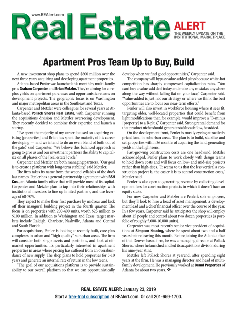 Real Estate Alert Apartment Pros Team Up to Buy, Build Penler